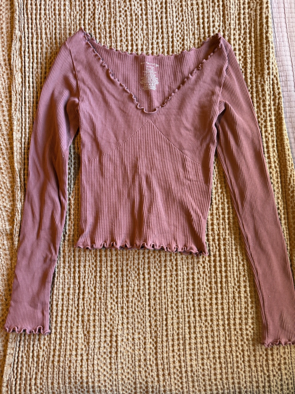 Free People Mauve Pink Ribbed Lettuce-Edge Long Sleeve Top
